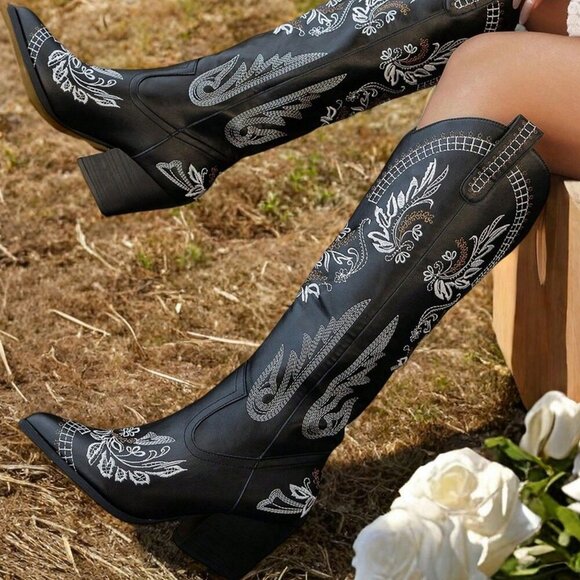 Black Western Women's Cowgirl Boots Pointed Toe Embroidered Thick Heels Knee Hig - Picture 1 of 7